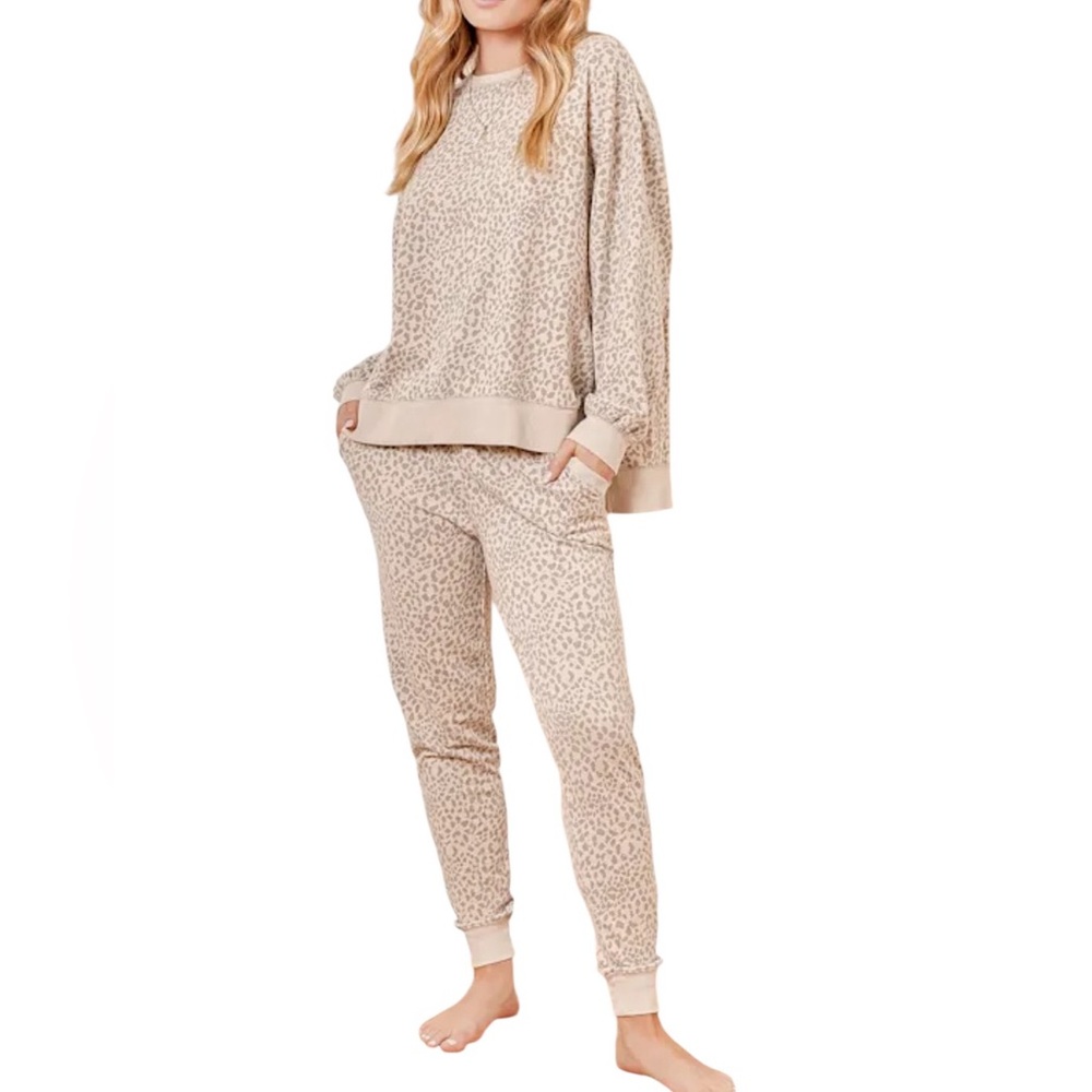 free people beige leopard print oversized lounge set cozy matching pajamas